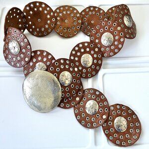 Moroccan Brown leather belt with engraved metal discs, silver toned grommets and
